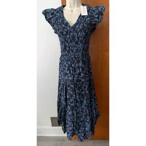 Sea New York Tilly Smocked Tiered Midi Dress Sz XS/S 2 Blue Floral Pockets NWT